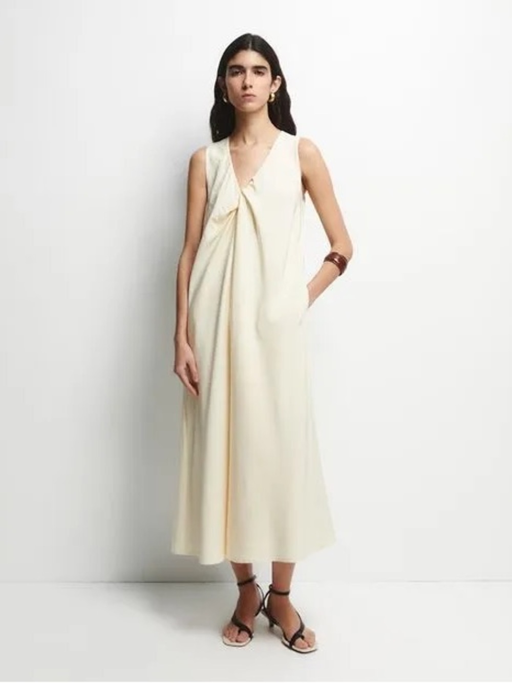 The NKC Store Sleeveless V-Neck Satin Twist Midi Dress cream One Size